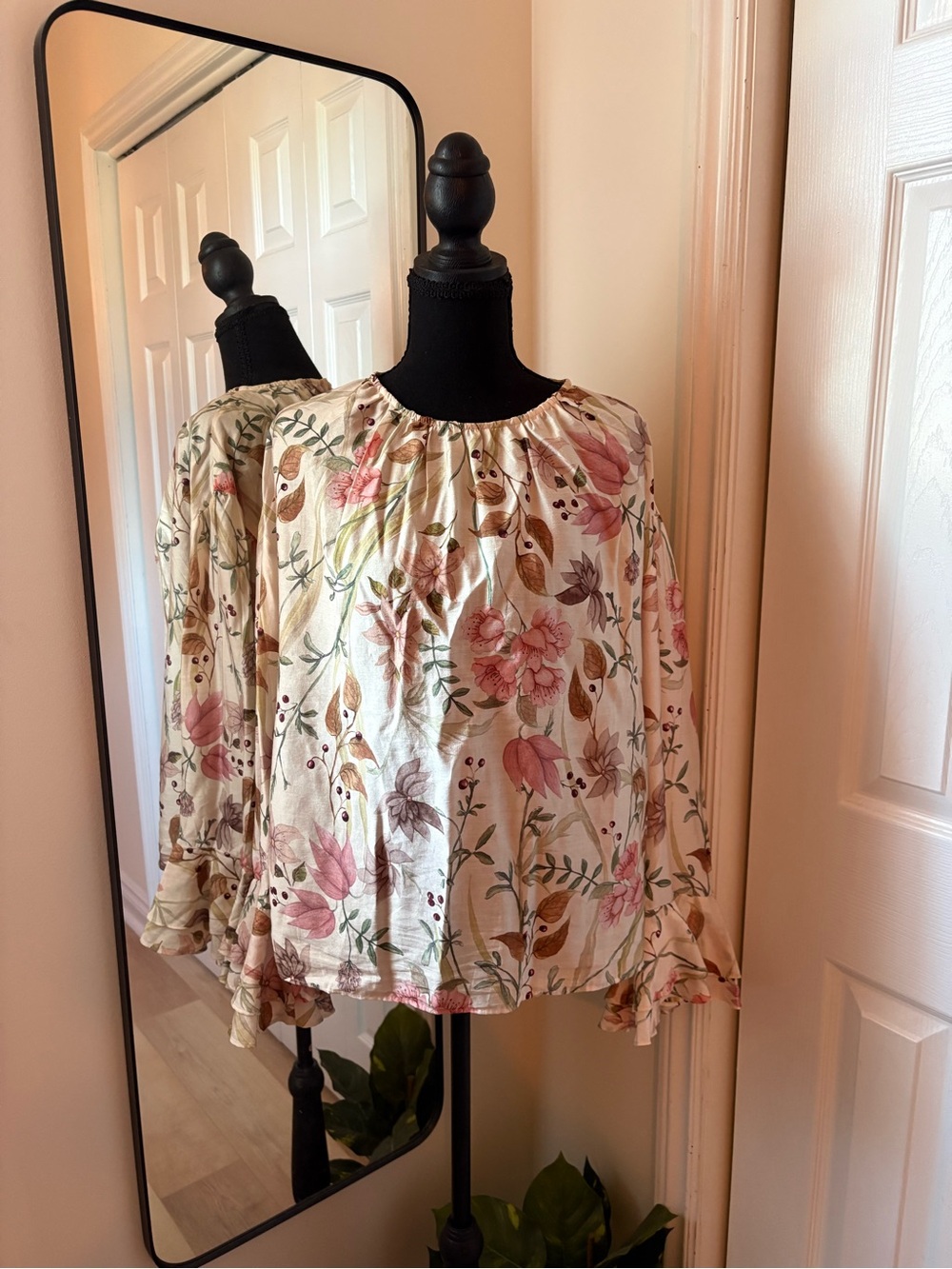 H&M Cream Floral Peasant Blouse with Pink & Green Print